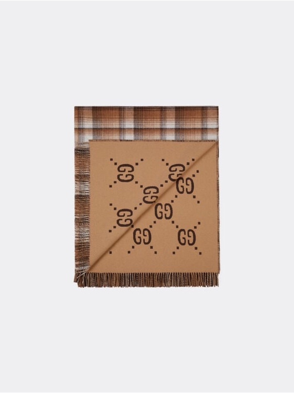 NWOT Gucci Loao Blanket Fringe Plaid Brown Reversible Emblem Cape